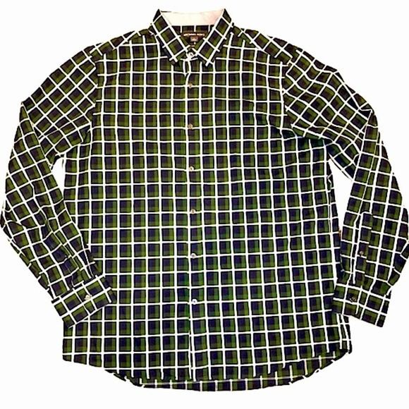 MICHAEL KORS Men’s Blue Green White Plaid Long Sleeve Button Down Shirt Sz LRG - Picture 10 of 11